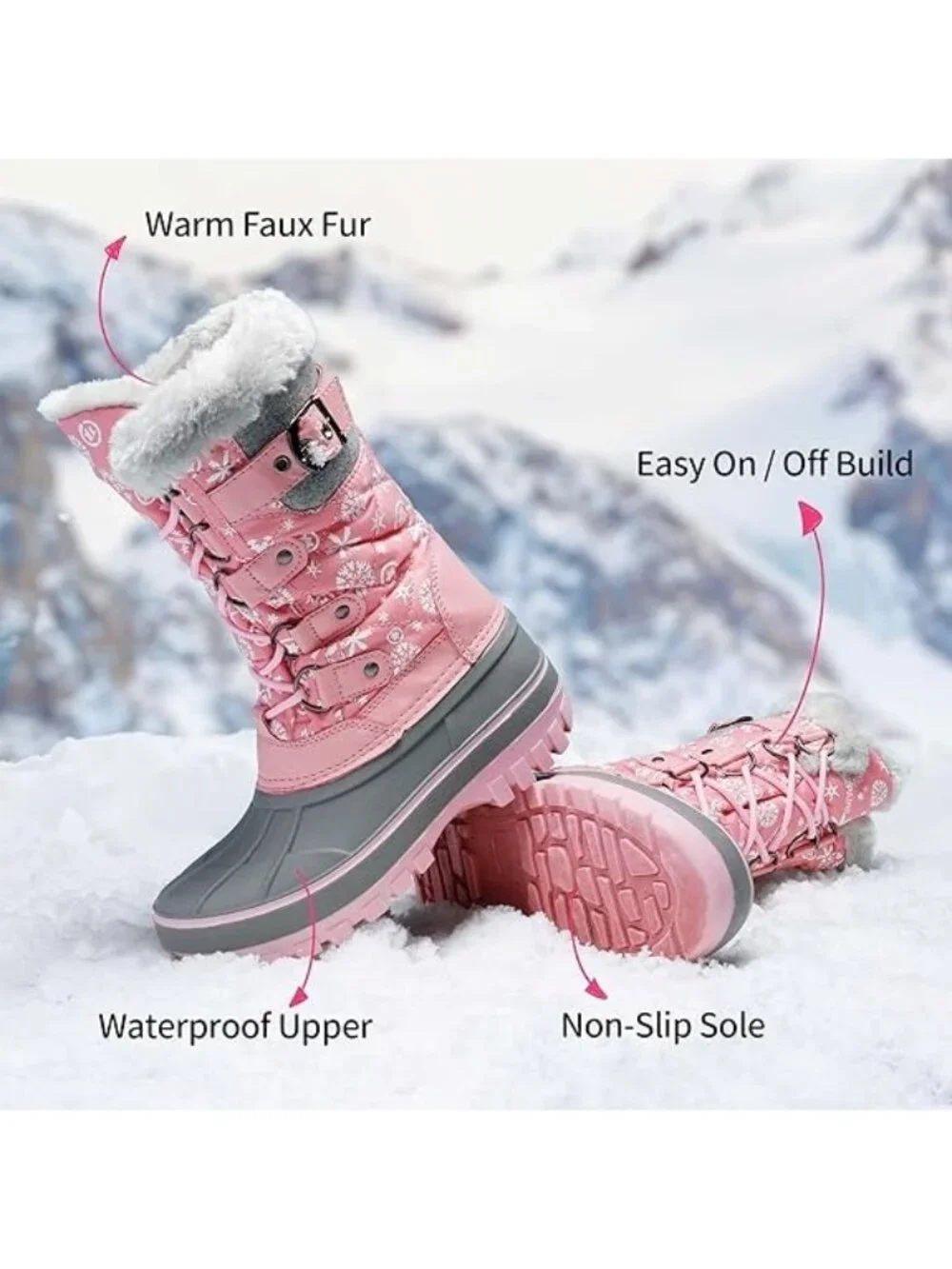 Dream Pairs Kids Size 2 Boots Waterproof Pink Snow Faux Fur Adjustable Strap